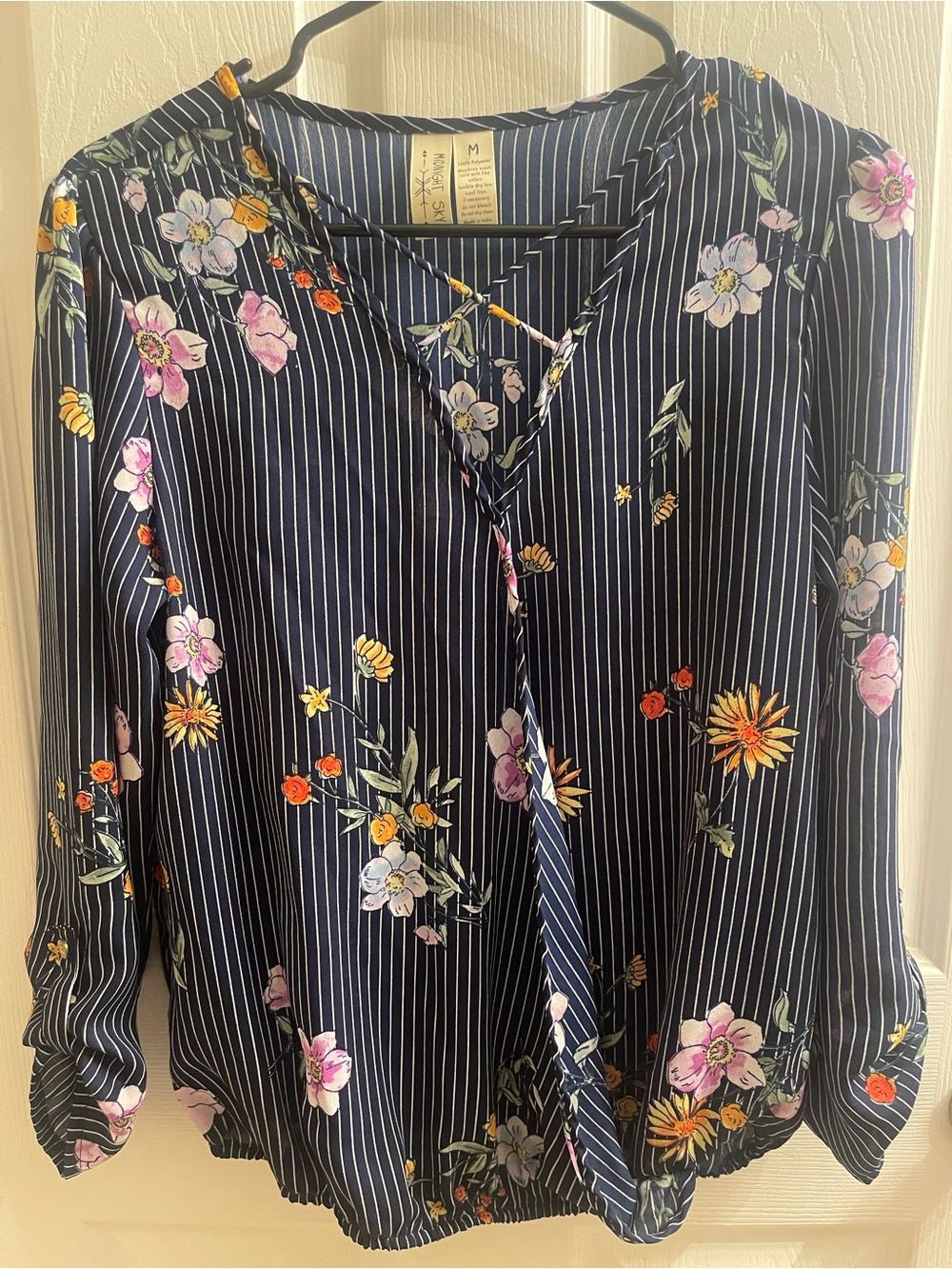 Floral Pinstripe V-Neck Blouse Top